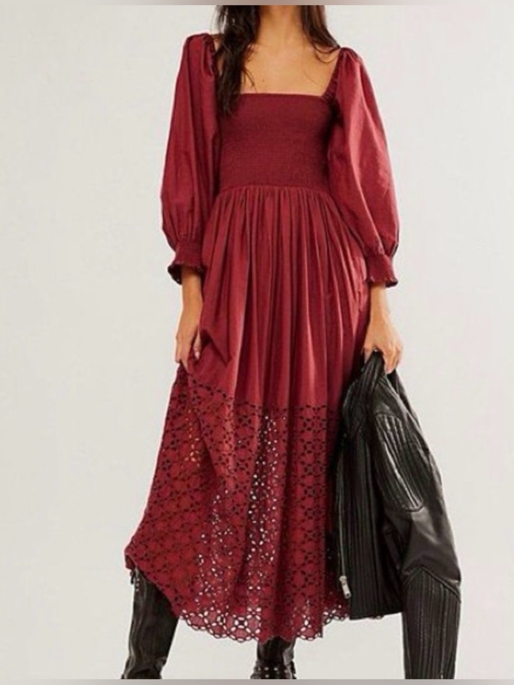 Free People Perfect Storm Midi Dress Smocked Eyelet Empress Rock XS